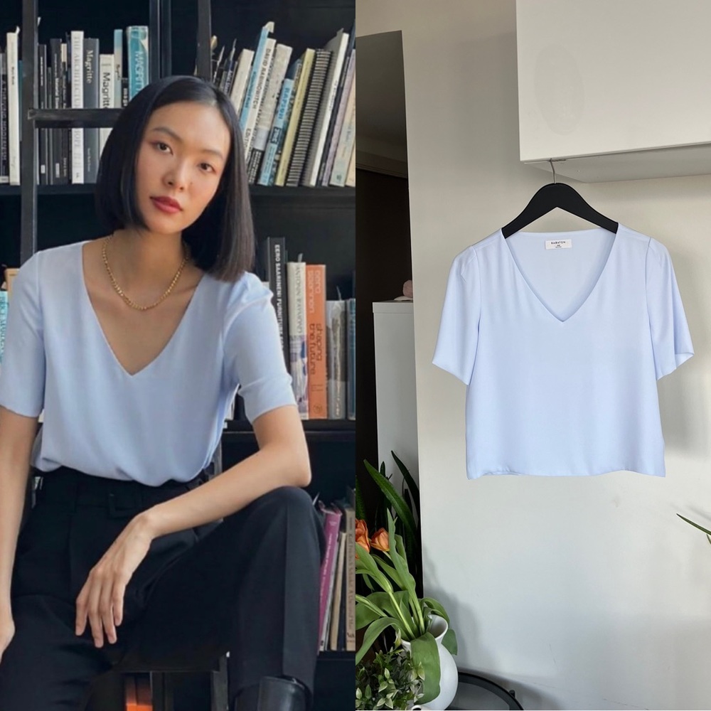 Aritzia Babaton Randy Light Blue Summer Business Casual Office Blouse Sz XXS